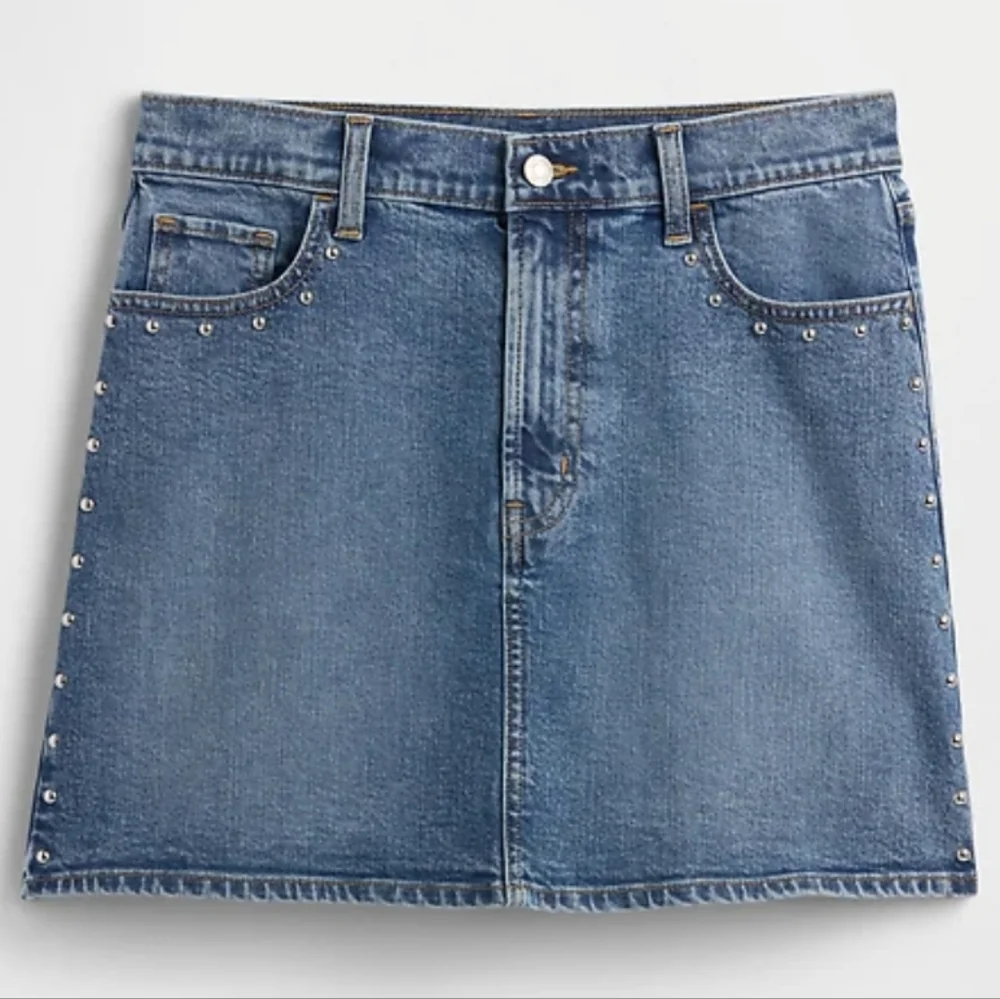 GAP Denim High Rise Studded Denim Mini Skirt Medium Wash Blue 16 - Picture 3 of 11